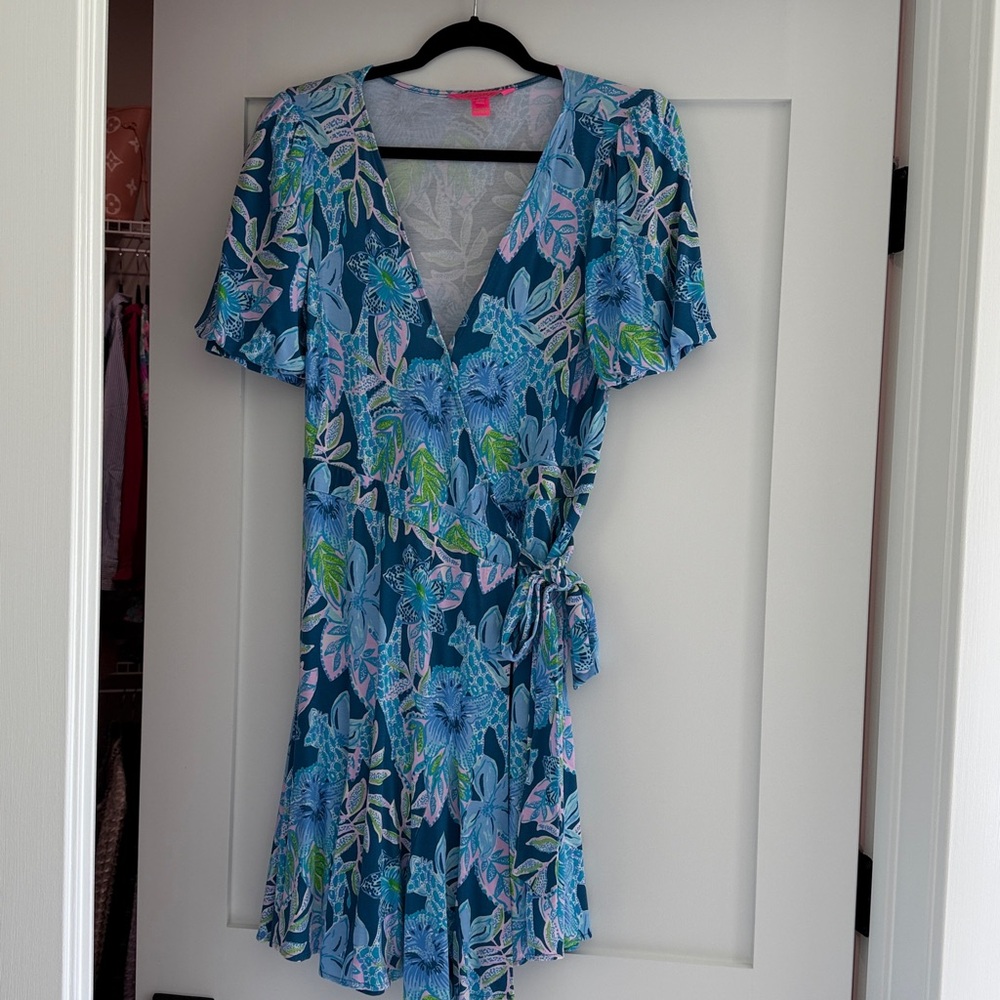Lilly Pulitzer Teal & Light Blue Floral Wrap Dress with Tie